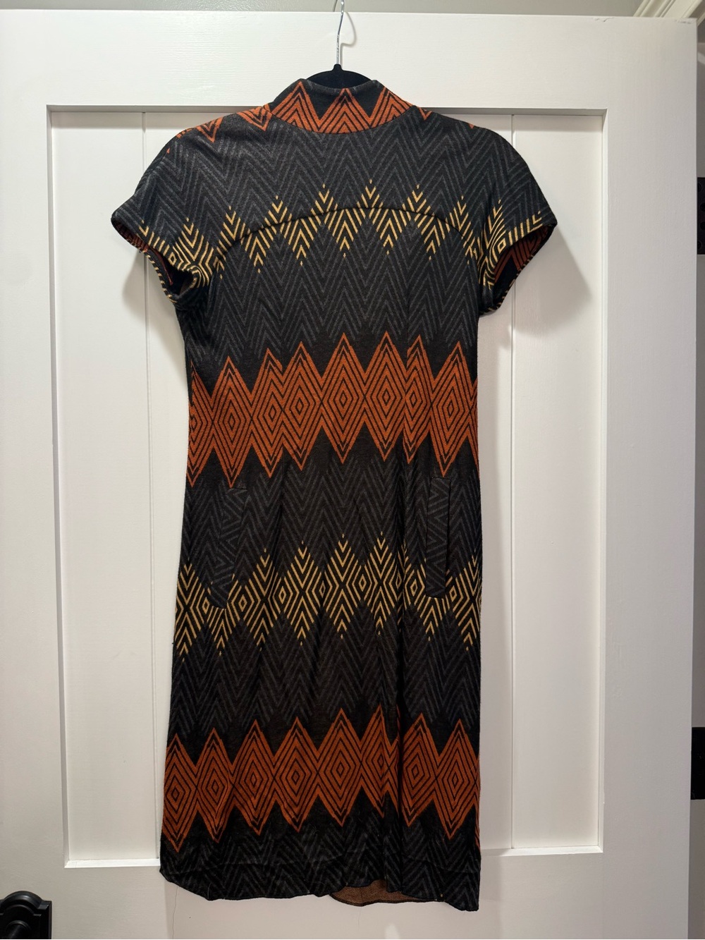 Etcetera Black Midi Dress with Rust and Gold Geometric Print